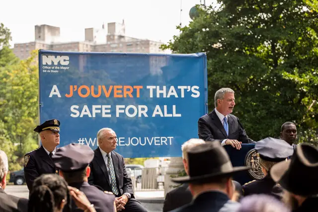 Mayor de Blasio addresses press during Wednesday's press conference on J'Ouvert